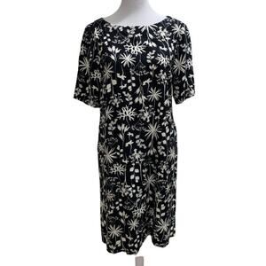 J Jill Women's XSP Black White Tropical Print Short Sleeve Rayon Shift‎ Dress